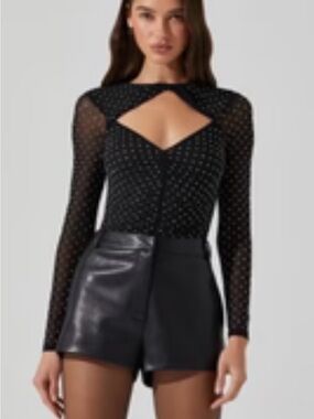 Astr Black Polka Dot Mesh Cutout Bodysuit